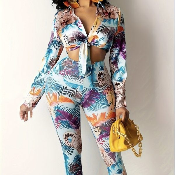 Women's Plant Animal Print Long Sleeved Lace Up Top And Slim Fit Pants Two-piece Pants Set