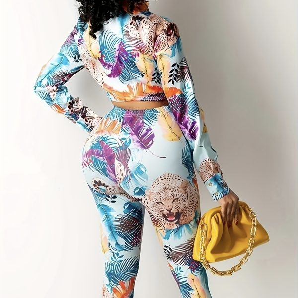 Women's Plant Animal Print Long Sleeved Lace Up Top And Slim Fit Pants Two-piece Pants Set - Image 4